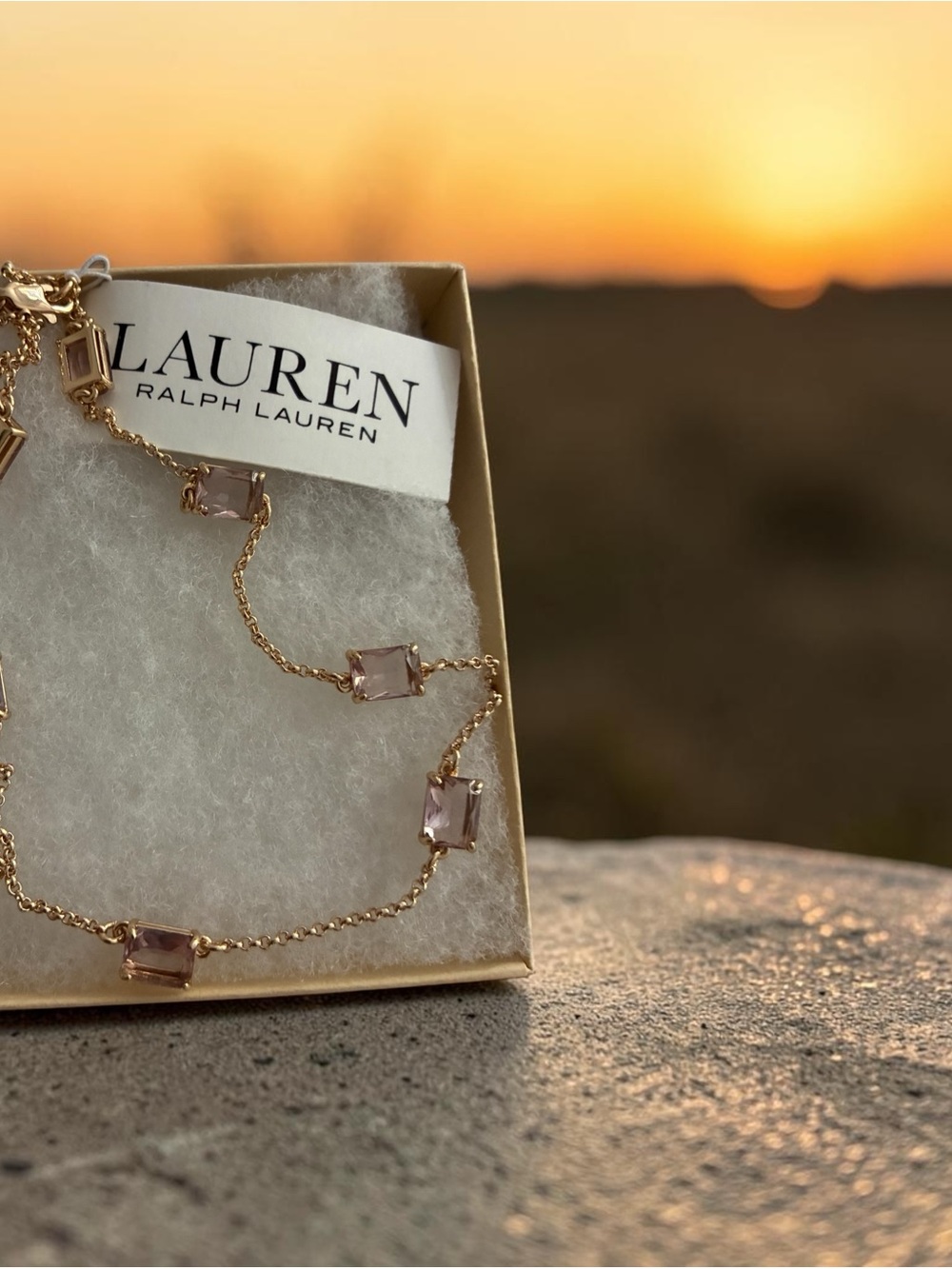 Lauren Ralph Lauren Rose Gold Chain Necklace with Light Pink Crystal Stations - Picture 3 of 7